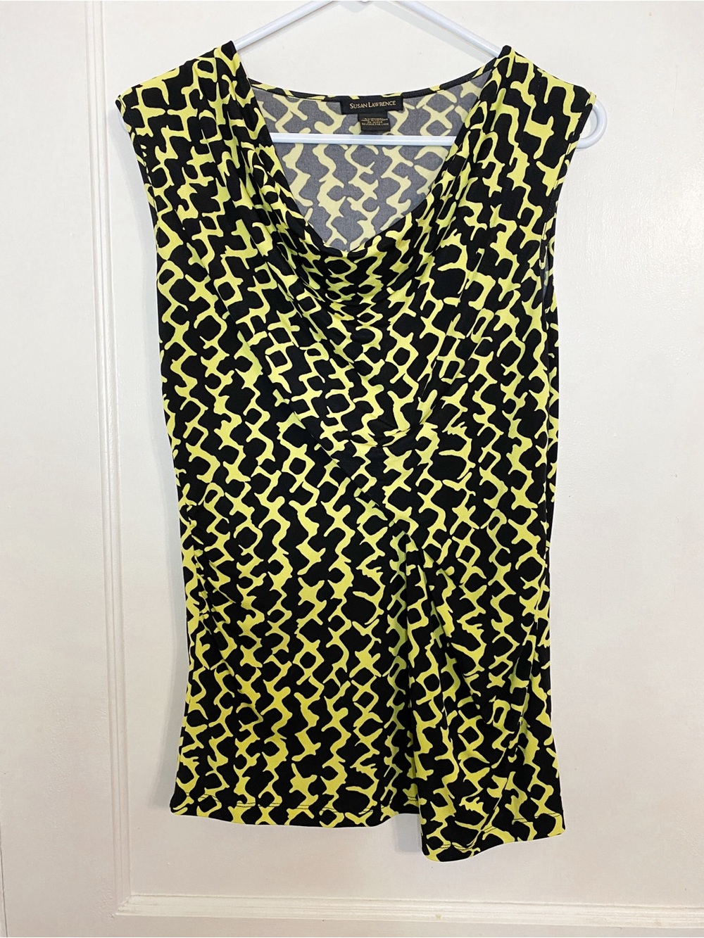 Susan Lawrence Yellow and Black Draped Cowl Neck Tank Top
